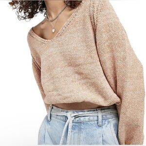 Free People Womens Beige Pink Sand Combo Textured Long Sleeve V Neck Sweater